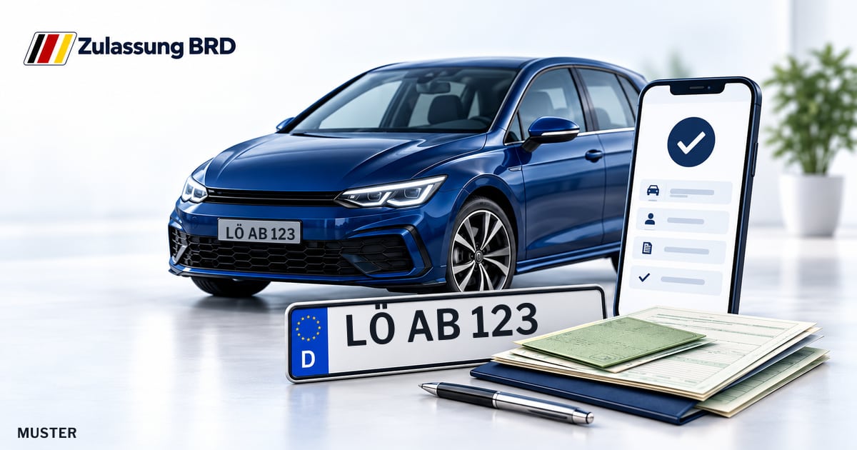 Online Fahrzeugzulassung in Schopfheim: Musterkennzeichen LÖ AB 123, Auto und Fahrzeugpapiere und Smartphone. Illustration mit Logo von Zulassung BRD.